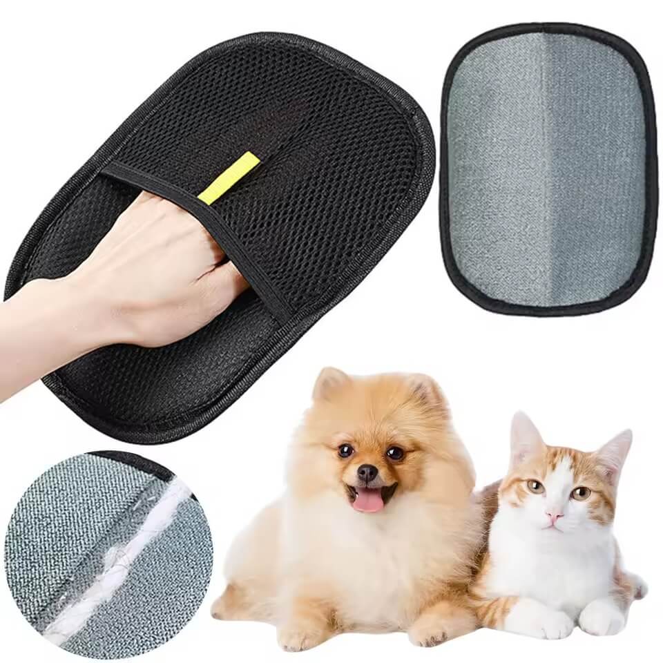 Black grooming mitt with gray pad, hand using it, and two pets on a white background
